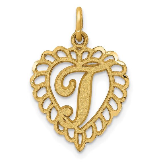 14k Yellow Gold, Grace Collection, Satin Heart Initial T Pendant, 15mm - Picture 1 of 5